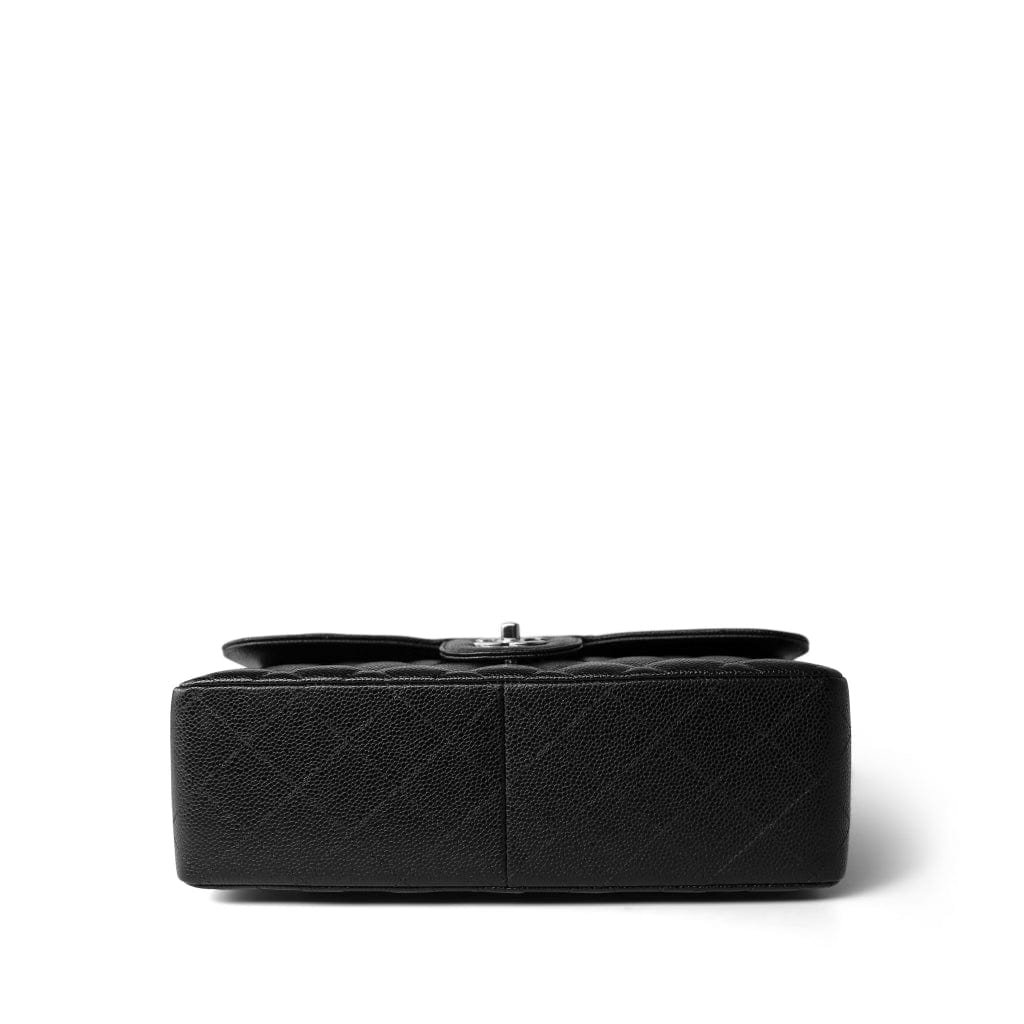 CHANEL Handbag Black Black Caviar Quilted Jumbo Classic Flap Silver Hardware - Redeluxe