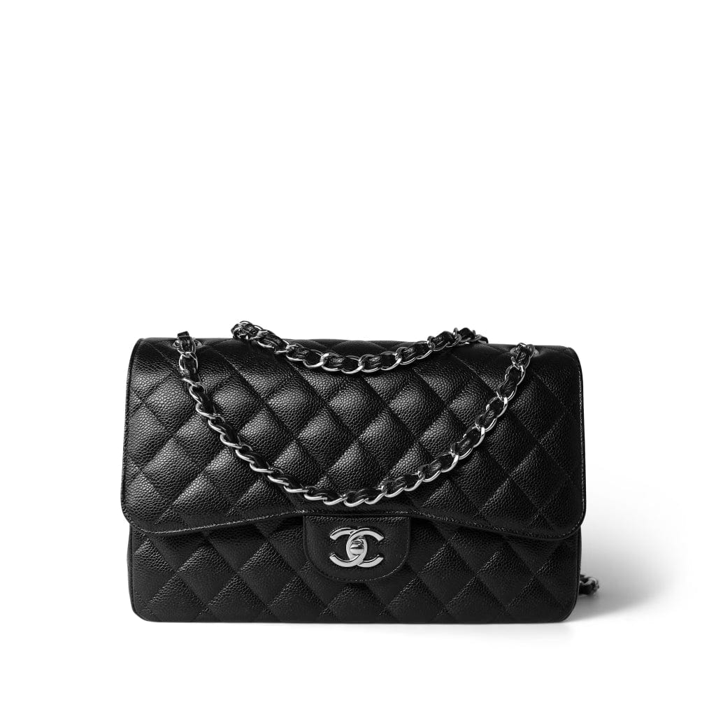 CHANEL Handbag Black Black Caviar Quilted Jumbo Classic Flap Silver Hardware - Redeluxe