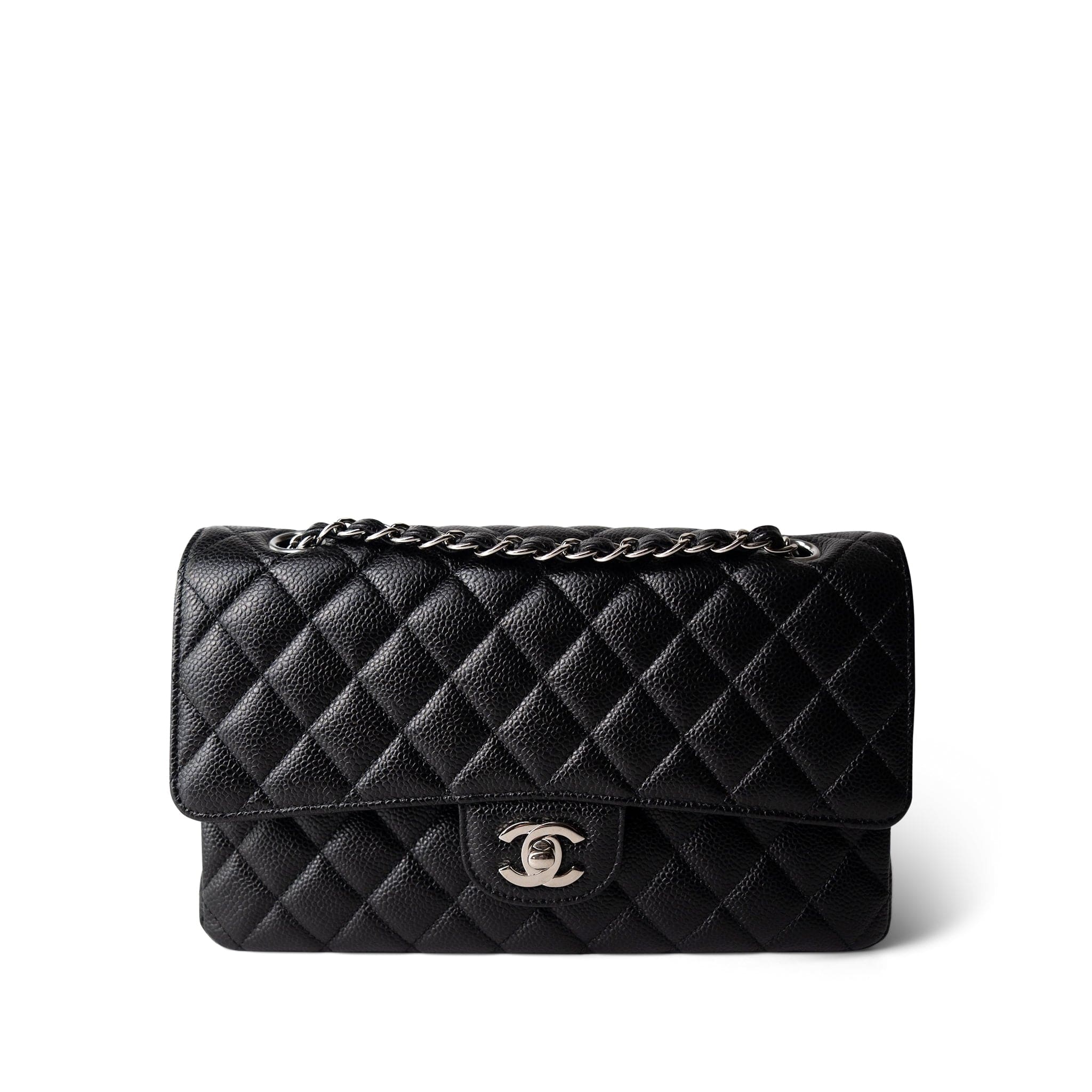CHANEL Handbag Black Black Caviar Quilted Medium Classic Flap Silver Hardware - Redeluxe