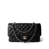 CHANEL Handbag Black Black Caviar Quilted Medium Classic Flap Silver Hardware - Redeluxe