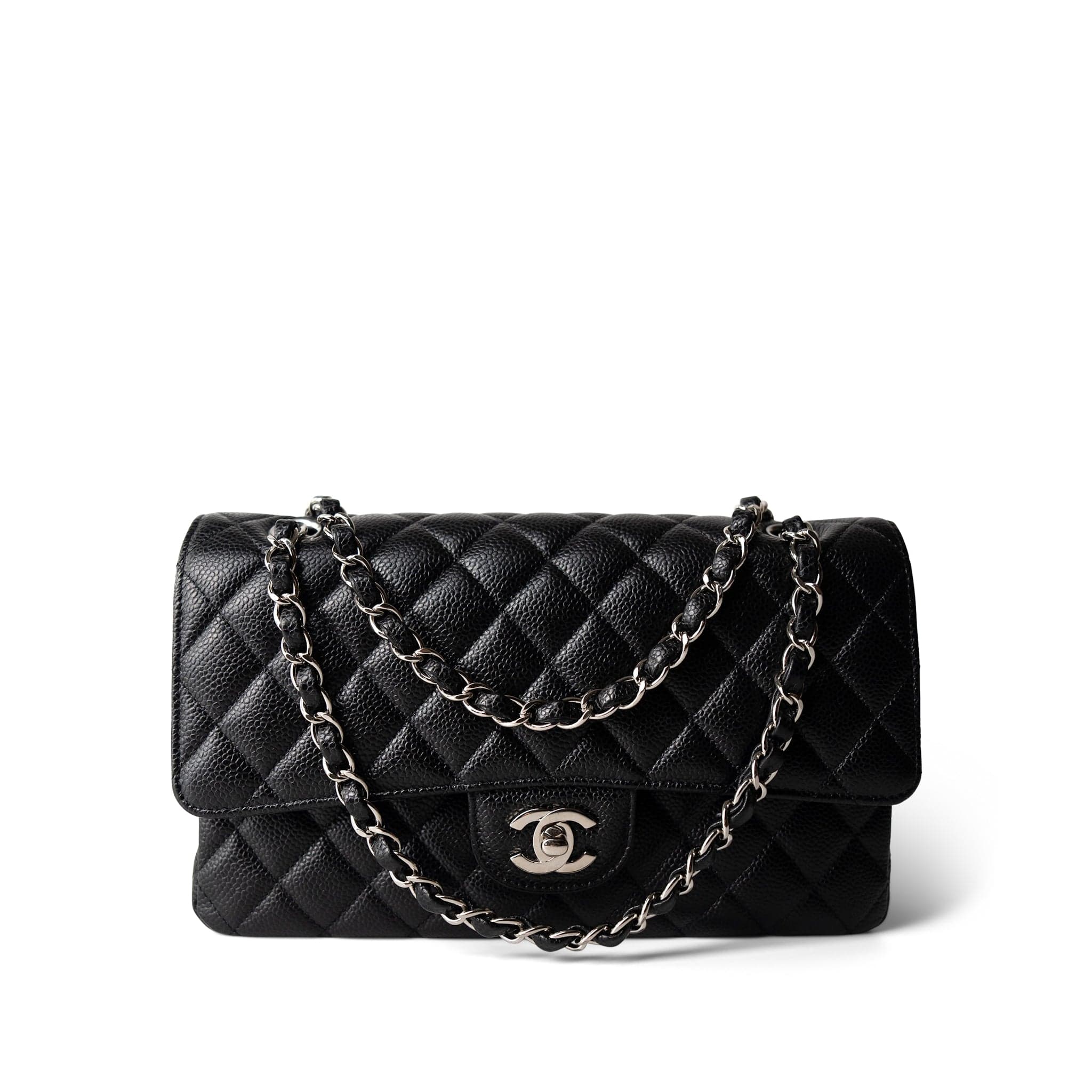 CHANEL Handbag Black Black Caviar Quilted Medium Classic Flap Silver Hardware - Redeluxe