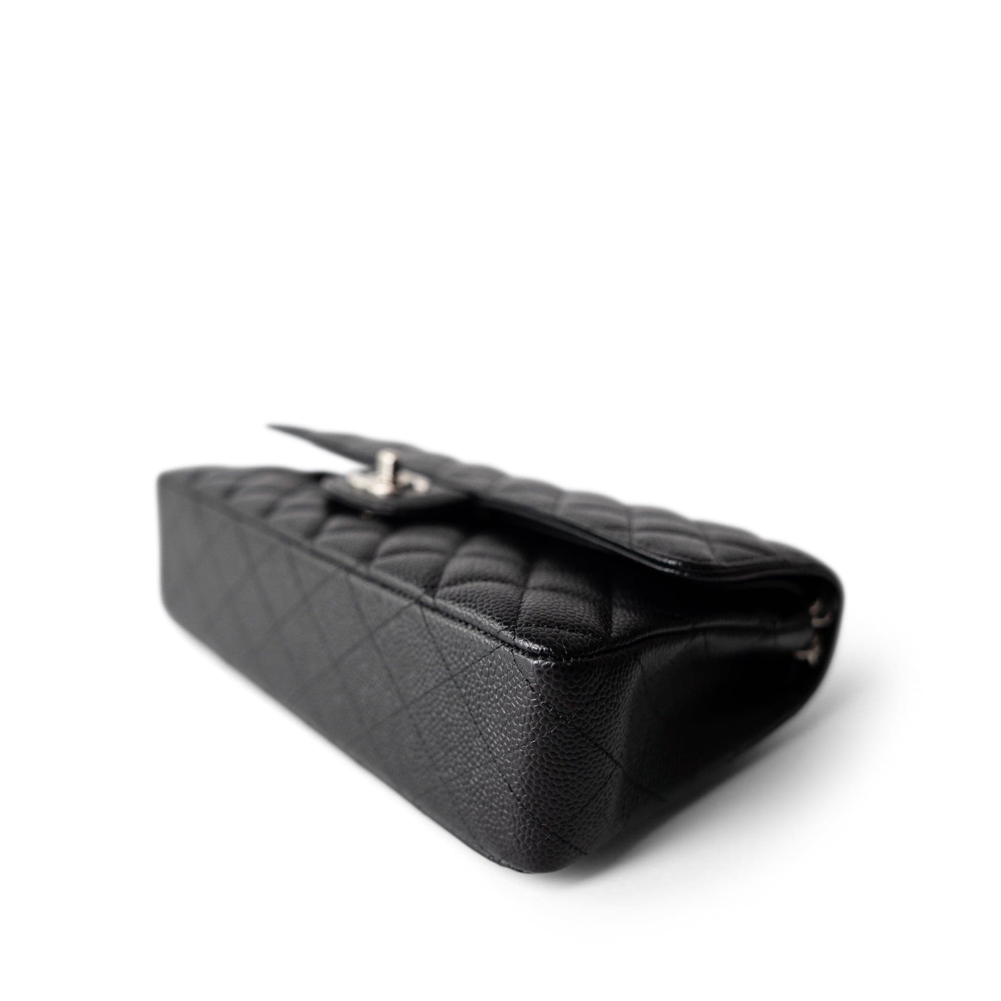 CHANEL Handbag Black Black Caviar Quilted Medium Classic Flap Silver Hardware - Redeluxe