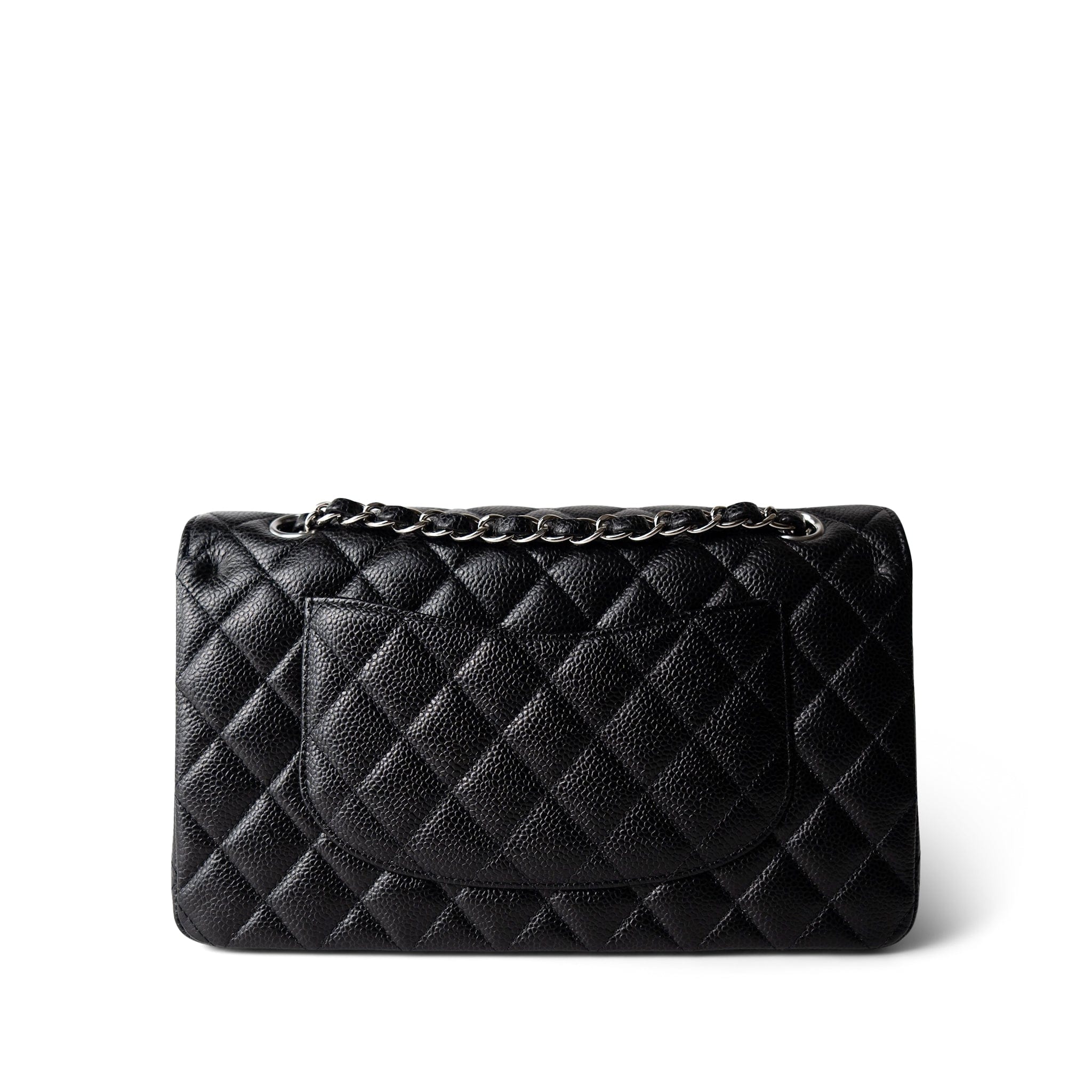 CHANEL Handbag Black Black Caviar Quilted Medium Classic Flap Silver Hardware - Redeluxe
