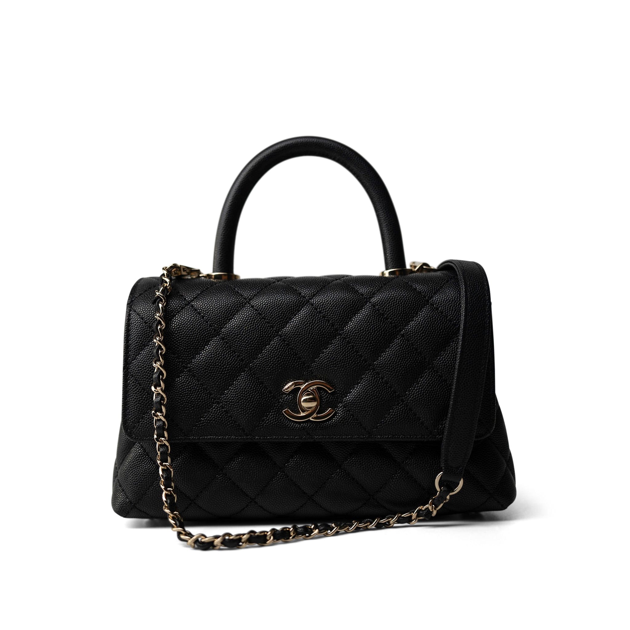 CHANEL Handbag Black Black Caviar Quilted Mini Coco Handle Light Gold Hardware - Redeluxe