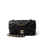 CHANEL Handbag Black Black Caviar Quilted Mini Rectangular Flap Light Gold Hardware - Redeluxe
