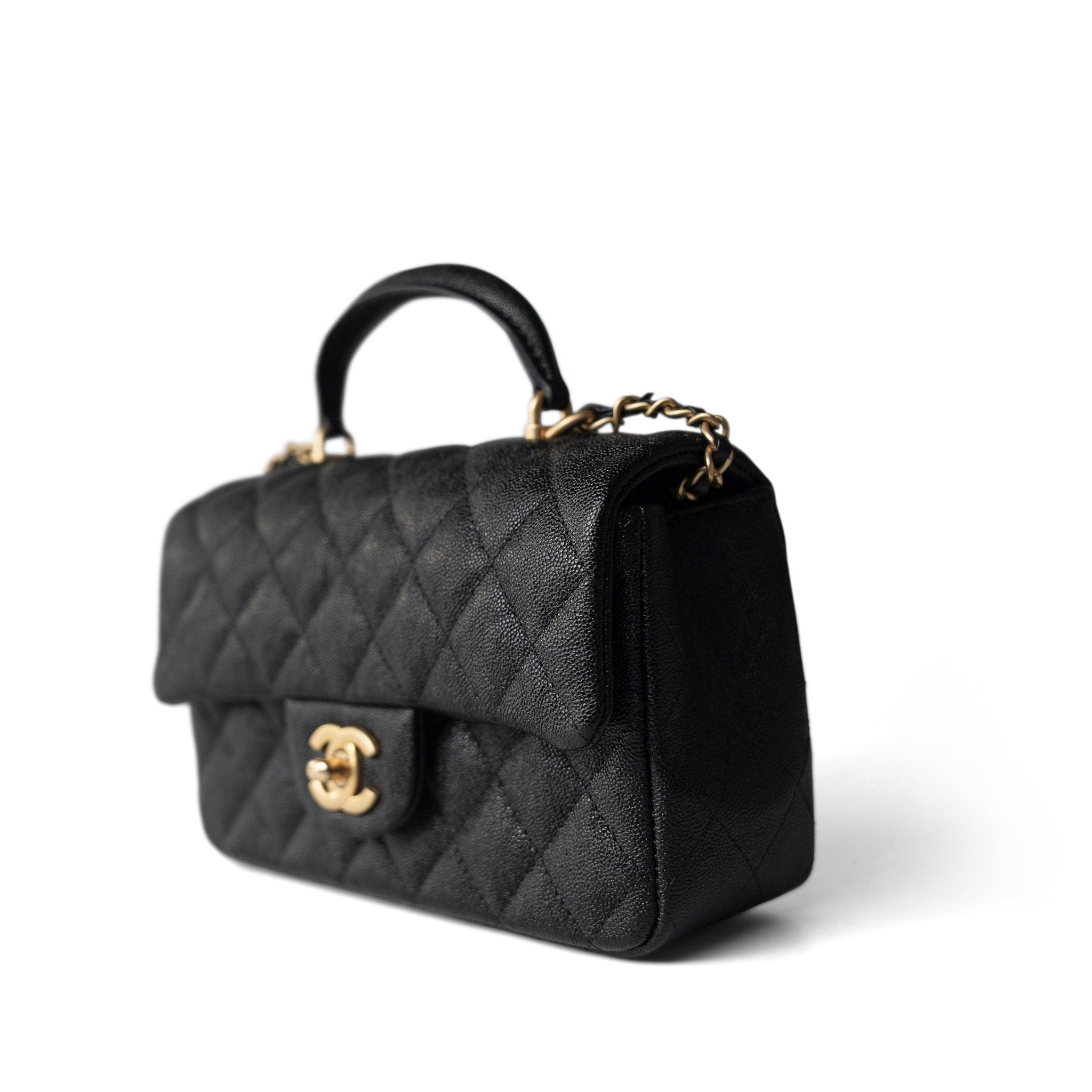 CHANEL Handbag Black Black Caviar Quilted Mini Top Handle Antique Gold Hardware - Redeluxe