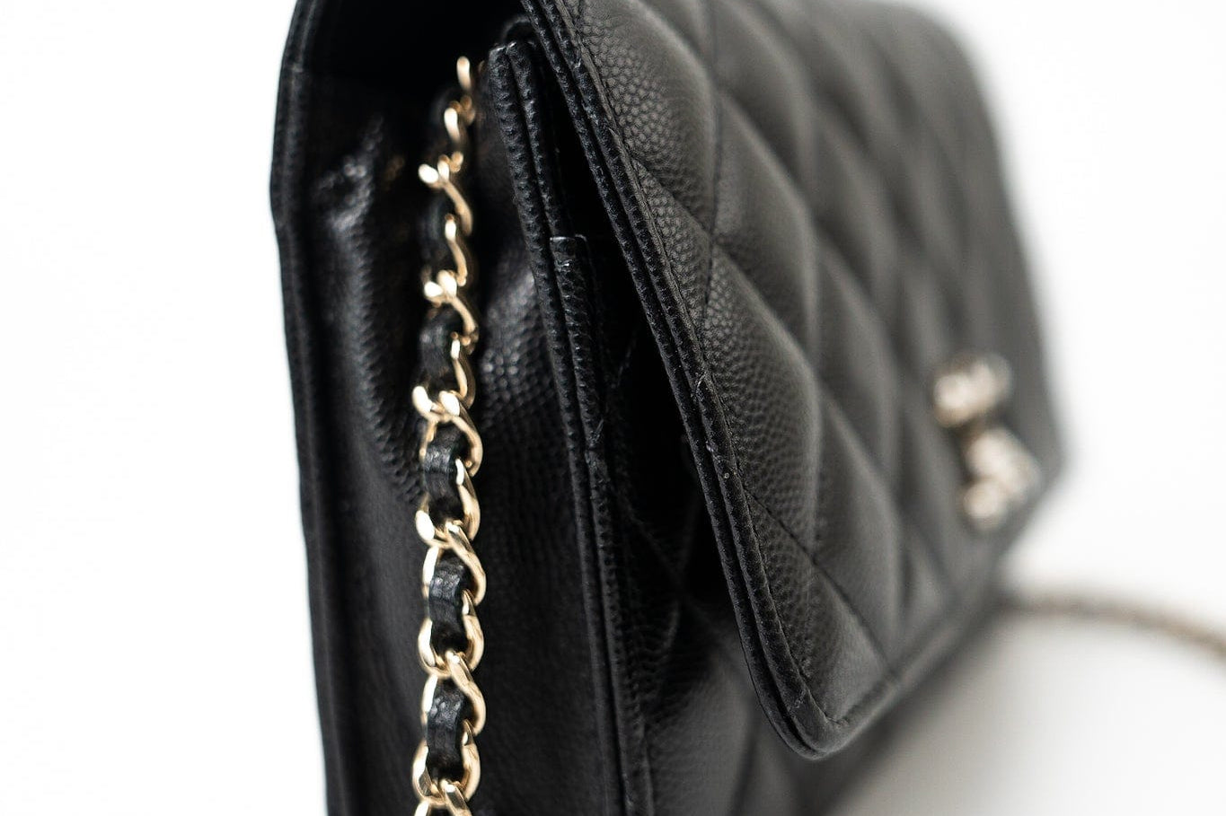 CHANEL Handbag Black Black Caviar Quilted Wallet On Chain Pearly CC Light Gold Hardware (woc - Redeluxe