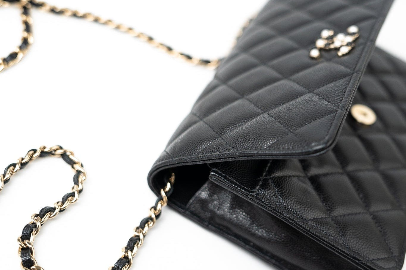 CHANEL Handbag Black Black Caviar Quilted Wallet On Chain Pearly CC Light Gold Hardware (woc - Redeluxe