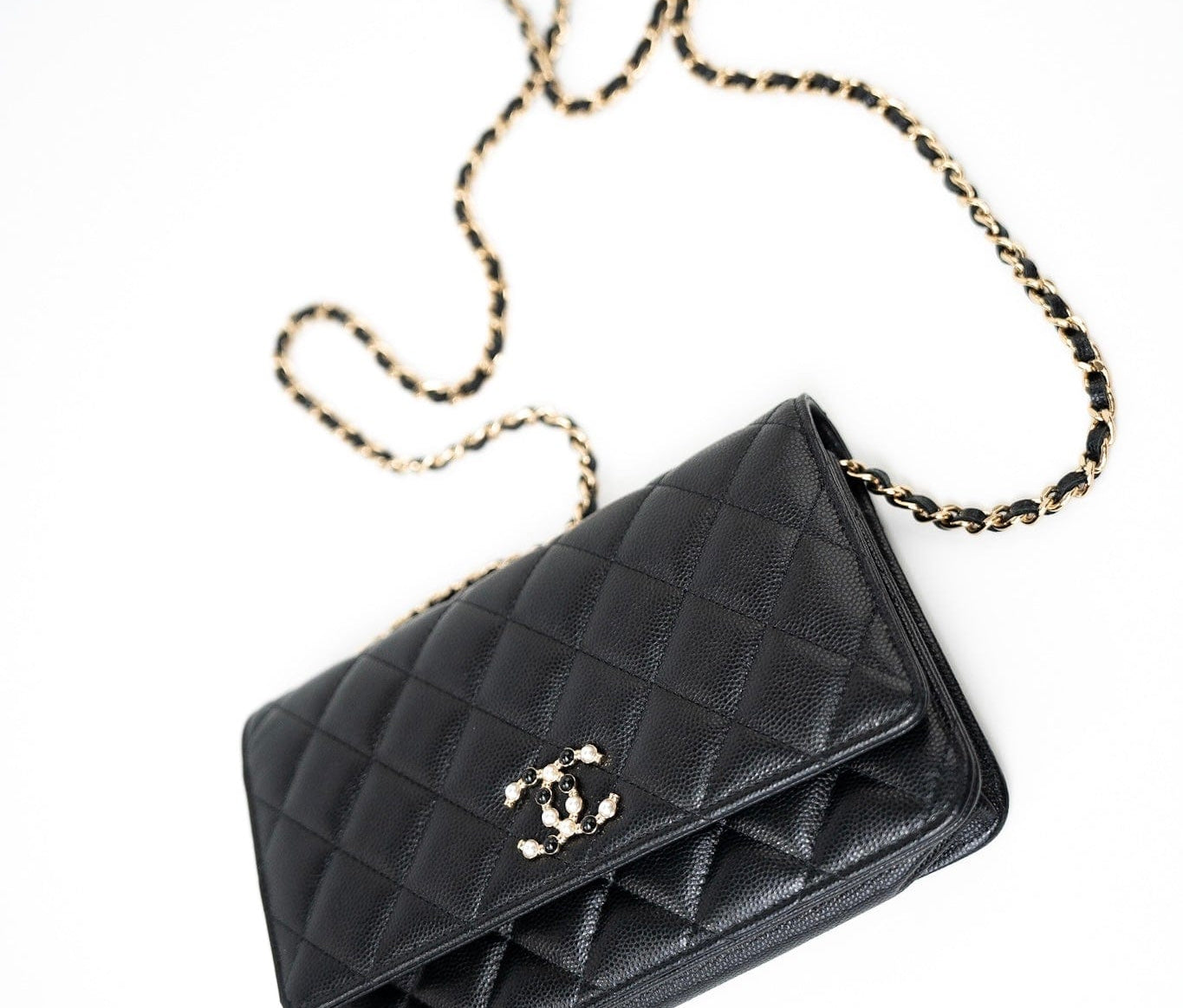CHANEL Handbag Black Black Caviar Quilted Wallet On Chain Pearly CC Light Gold Hardware (woc - Redeluxe