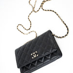 CHANEL Handbag Black Black Caviar Quilted Wallet On Chain Pearly CC Light Gold Hardware (woc - Redeluxe