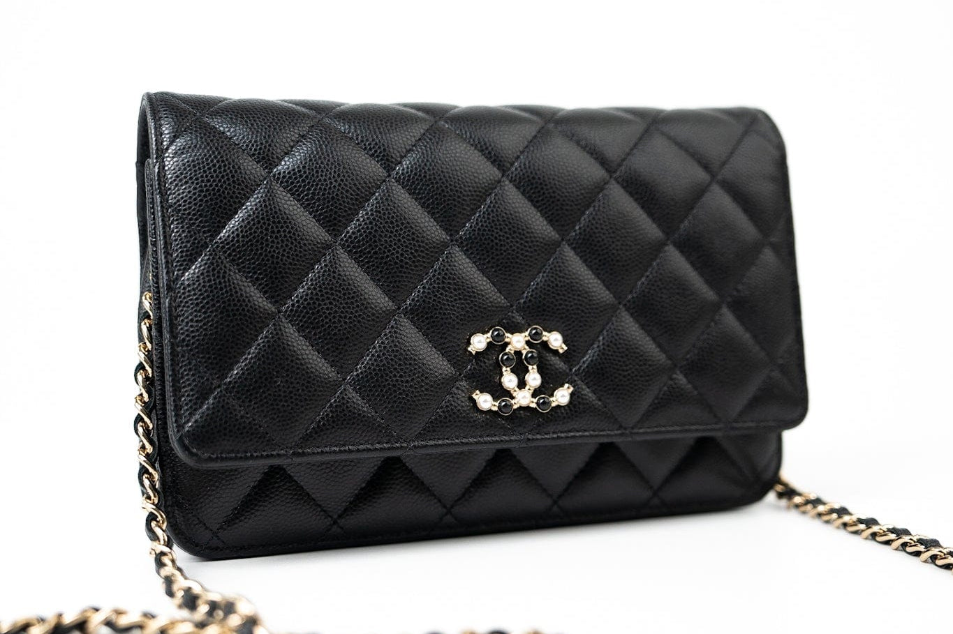 CHANEL Handbag Black Black Caviar Quilted Wallet On Chain Pearly CC Light Gold Hardware (woc - Redeluxe