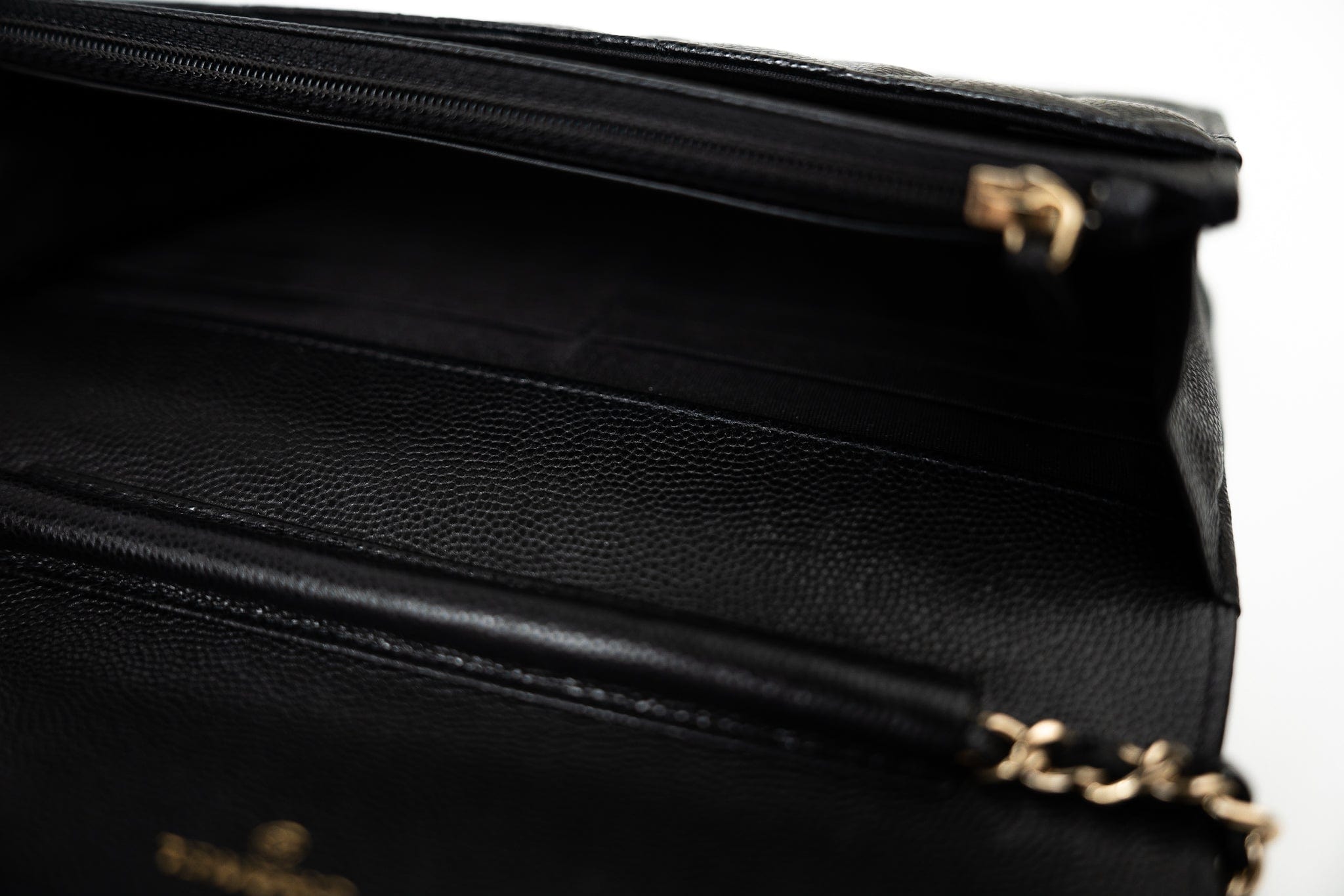 CHANEL Handbag Black Black Caviar Quilted Wallet On Chain Pearly CC Light Gold Hardware (woc - Redeluxe