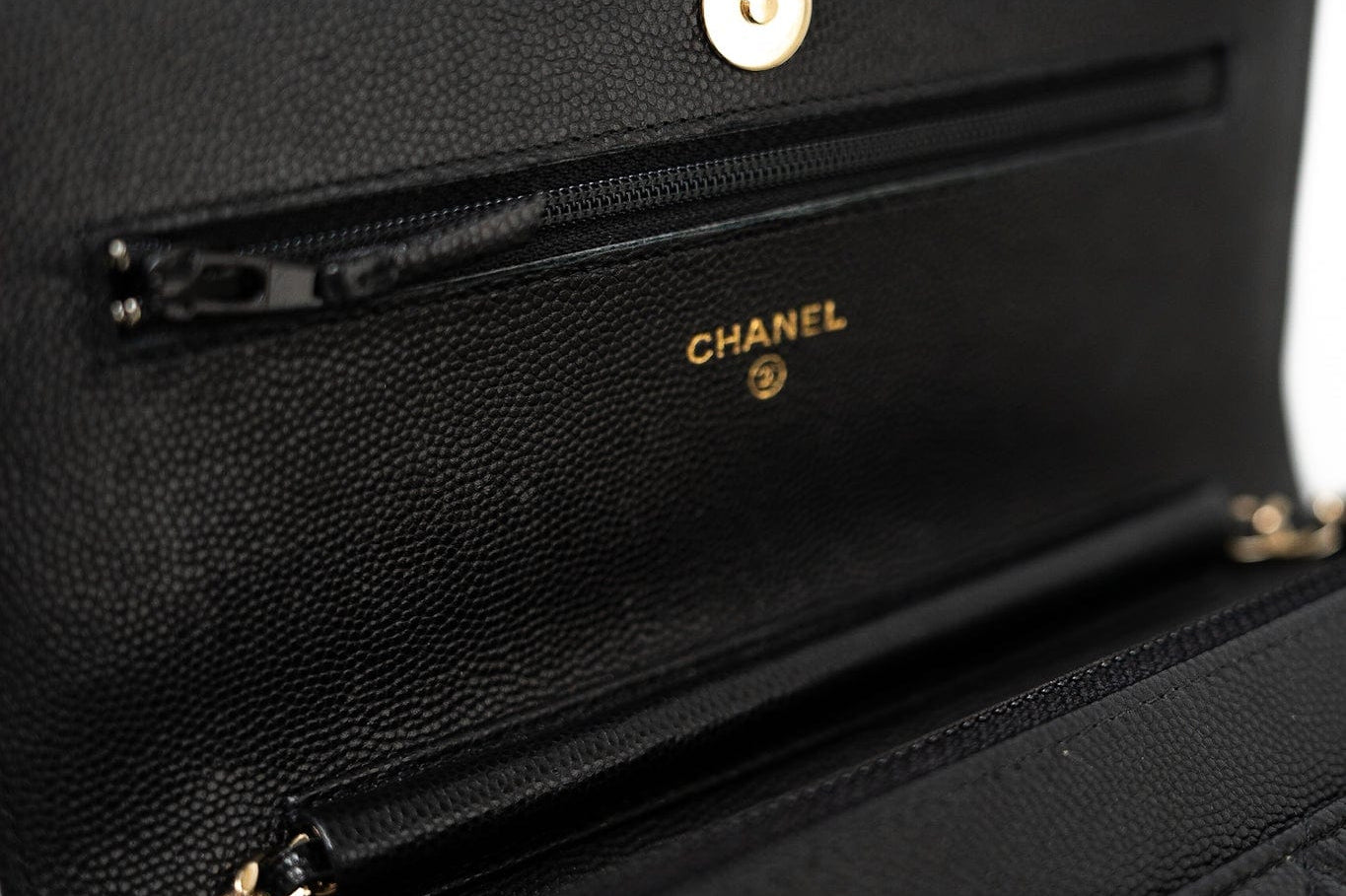 CHANEL Handbag Black Black Caviar Quilted Wallet On Chain Pearly CC Light Gold Hardware (woc - Redeluxe