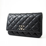 CHANEL Handbag Black Black Caviar Quilted Wallet On Chain Pearly CC Light Gold Hardware (woc - Redeluxe