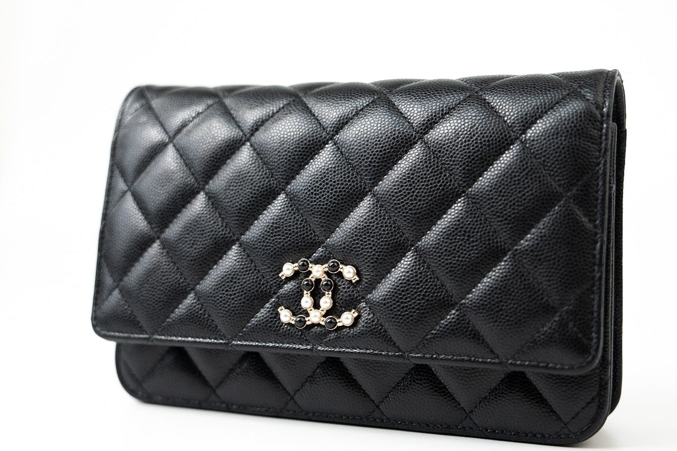 CHANEL Handbag Black Black Caviar Quilted Wallet On Chain Pearly CC Light Gold Hardware (woc - Redeluxe