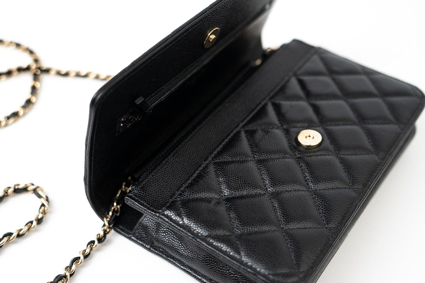 CHANEL Handbag Black Black Caviar Quilted Wallet On Chain Pearly CC Light Gold Hardware (woc - Redeluxe