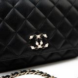 CHANEL Handbag Black Black Caviar Quilted Wallet On Chain Pearly CC Light Gold Hardware (woc - Redeluxe