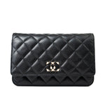 CHANEL Handbag Black Black Caviar Quilted Wallet On Chain Pearly CC Light Gold Hardware (woc - Redeluxe
