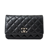 CHANEL Handbag Black Black Caviar Quilted Wallet On Chain Pearly CC Light Gold Hardware (woc - Redeluxe