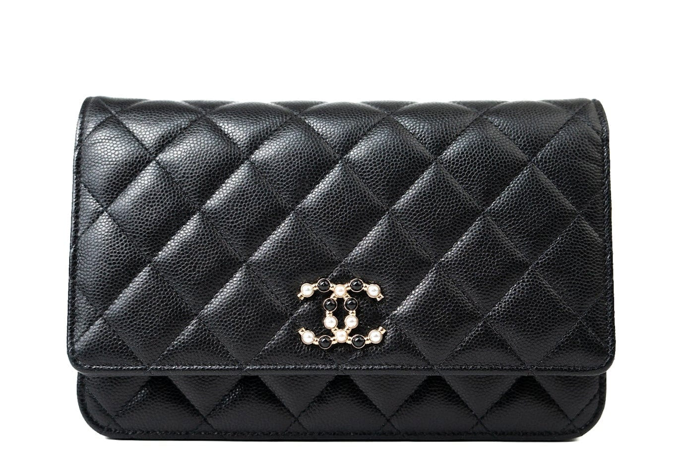 CHANEL Handbag Black Black Caviar Quilted Wallet On Chain Pearly CC Light Gold Hardware (woc - Redeluxe