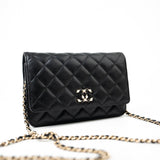 CHANEL Handbag Black Black Caviar Quilted Wallet On Chain Pearly CC Light Gold Hardware (woc - Redeluxe