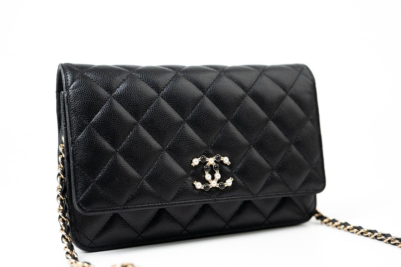CHANEL Handbag Black Black Caviar Quilted Wallet On Chain Pearly CC Light Gold Hardware (woc - Redeluxe