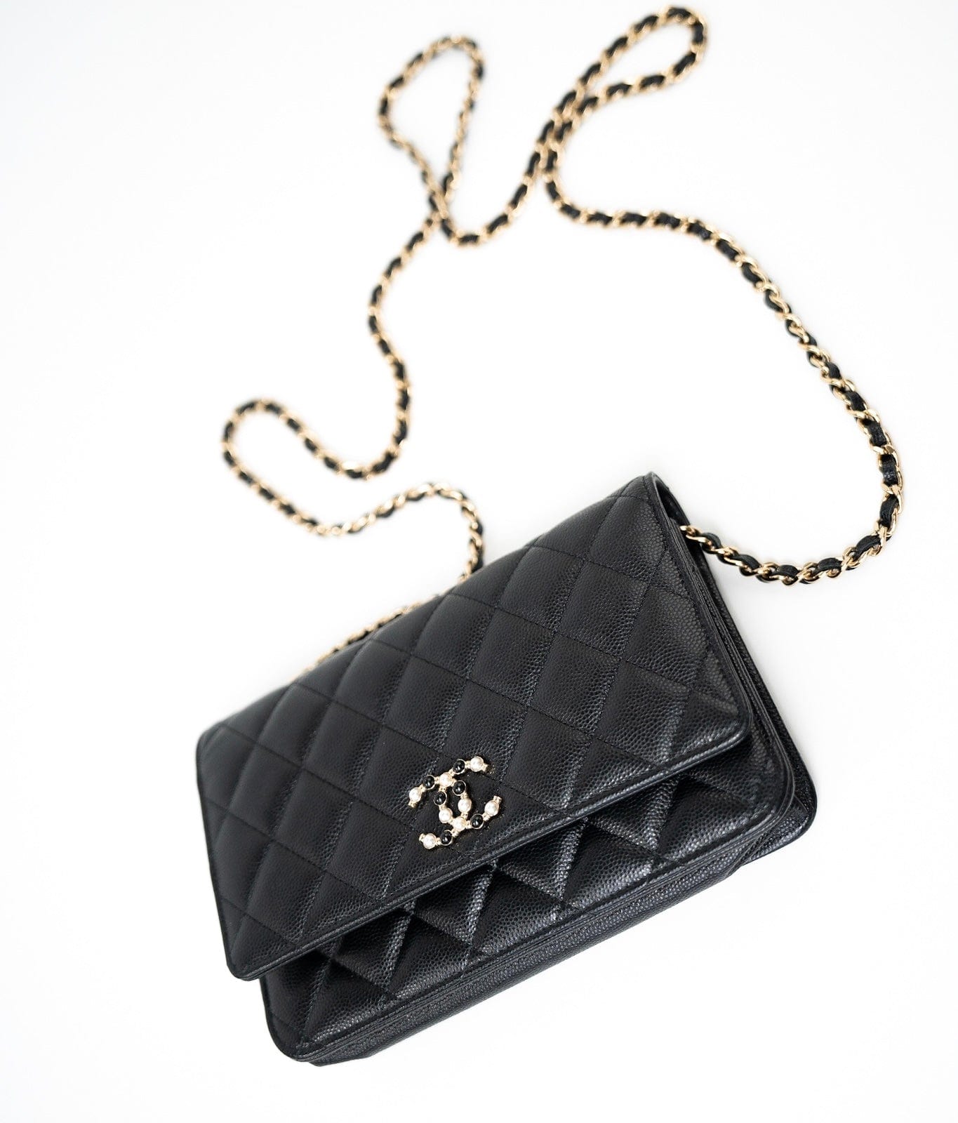CHANEL Handbag Black Black Caviar Quilted Wallet On Chain Pearly CC Light Gold Hardware (woc - Redeluxe