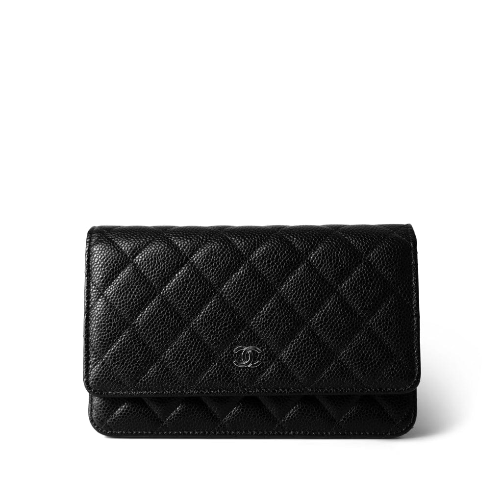 CHANEL Handbag Black Black Caviar Quilted Wallet on Chain Silver Hardware - Redeluxe