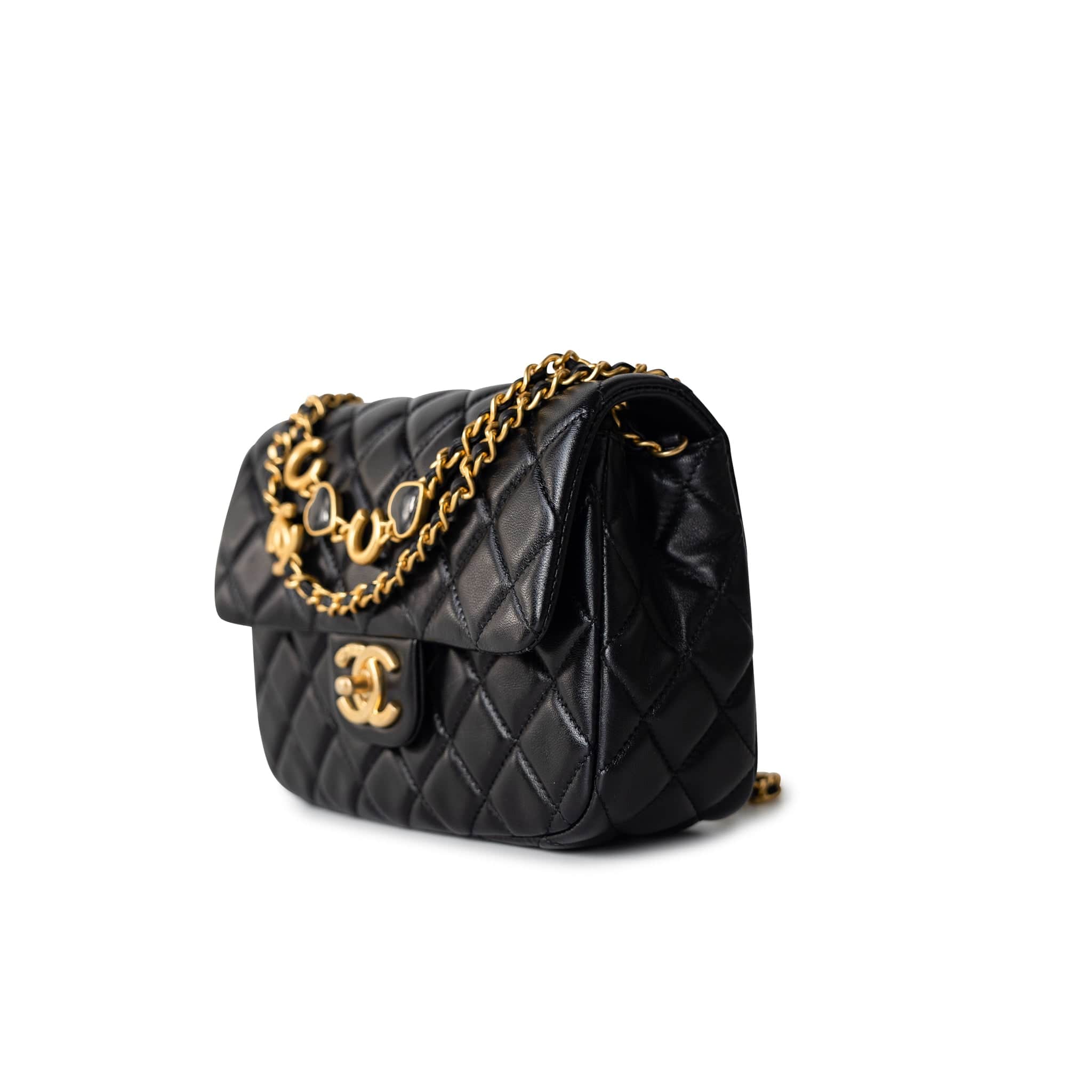 CHANEL Handbag Black Black Coco De Toi Heart Chain Small Square Flap Bag Antique Gold Hardware - Redeluxe