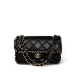 CHANEL Handbag Black Black Crumpled Calfskin Medium Chain Around Flap Bag Light Gold Hardware - Redeluxe