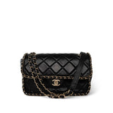 CHANEL Handbag Black Black Crumpled Calfskin Medium Chain Around Flap Bag Light Gold Hardware - Redeluxe