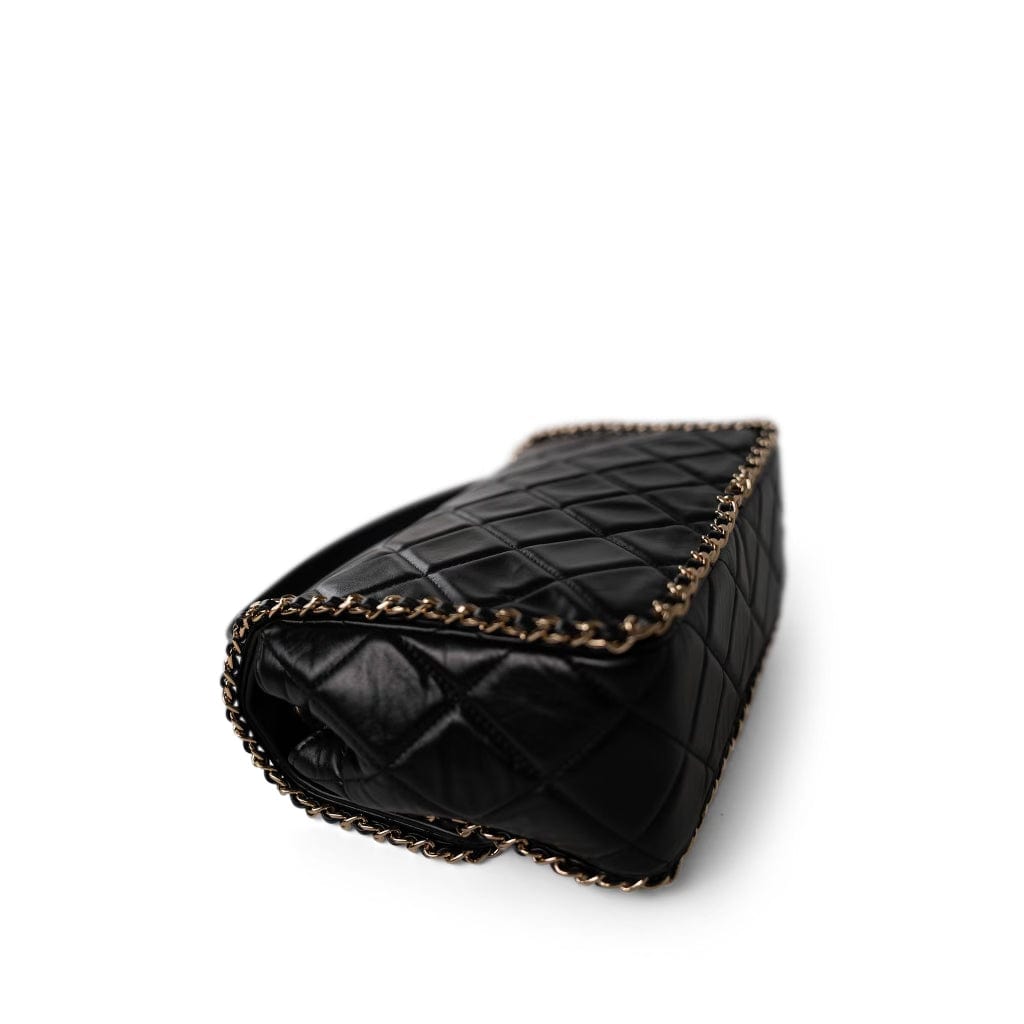 CHANEL Handbag Black Black Crumpled Calfskin Medium Chain Around Flap Bag Light Gold Hardware - Redeluxe