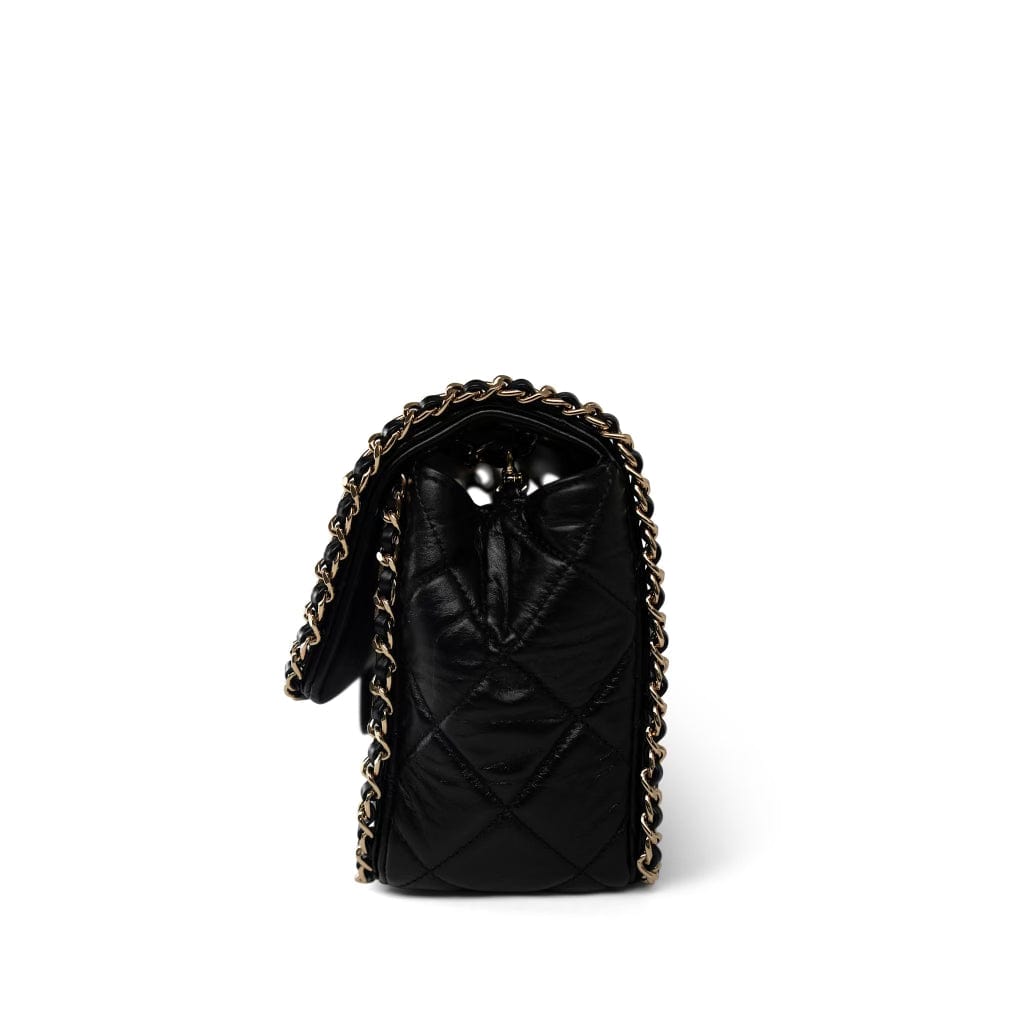 CHANEL Handbag Black Black Crumpled Calfskin Medium Chain Around Flap Bag Light Gold Hardware - Redeluxe