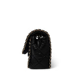CHANEL Handbag Black Black Crumpled Calfskin Medium Chain Around Flap Bag Light Gold Hardware - Redeluxe