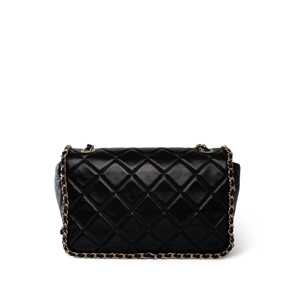CHANEL Handbag Black Black Crumpled Calfskin Medium Chain Around Flap Bag Light Gold Hardware - Redeluxe