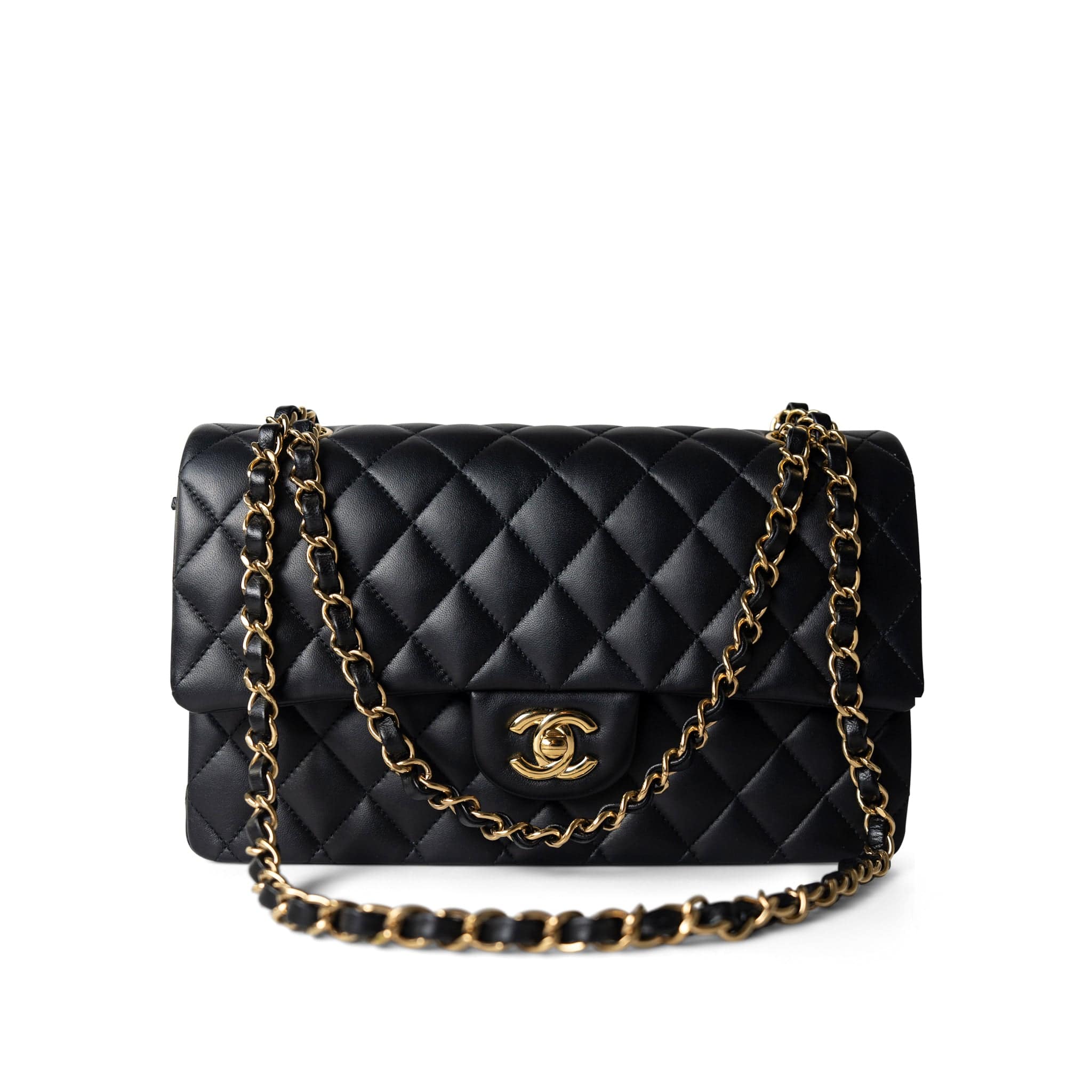 CHANEL Handbag Black Black Lambskin Quilted Classic Flap Medium Gold Hardware - Redeluxe