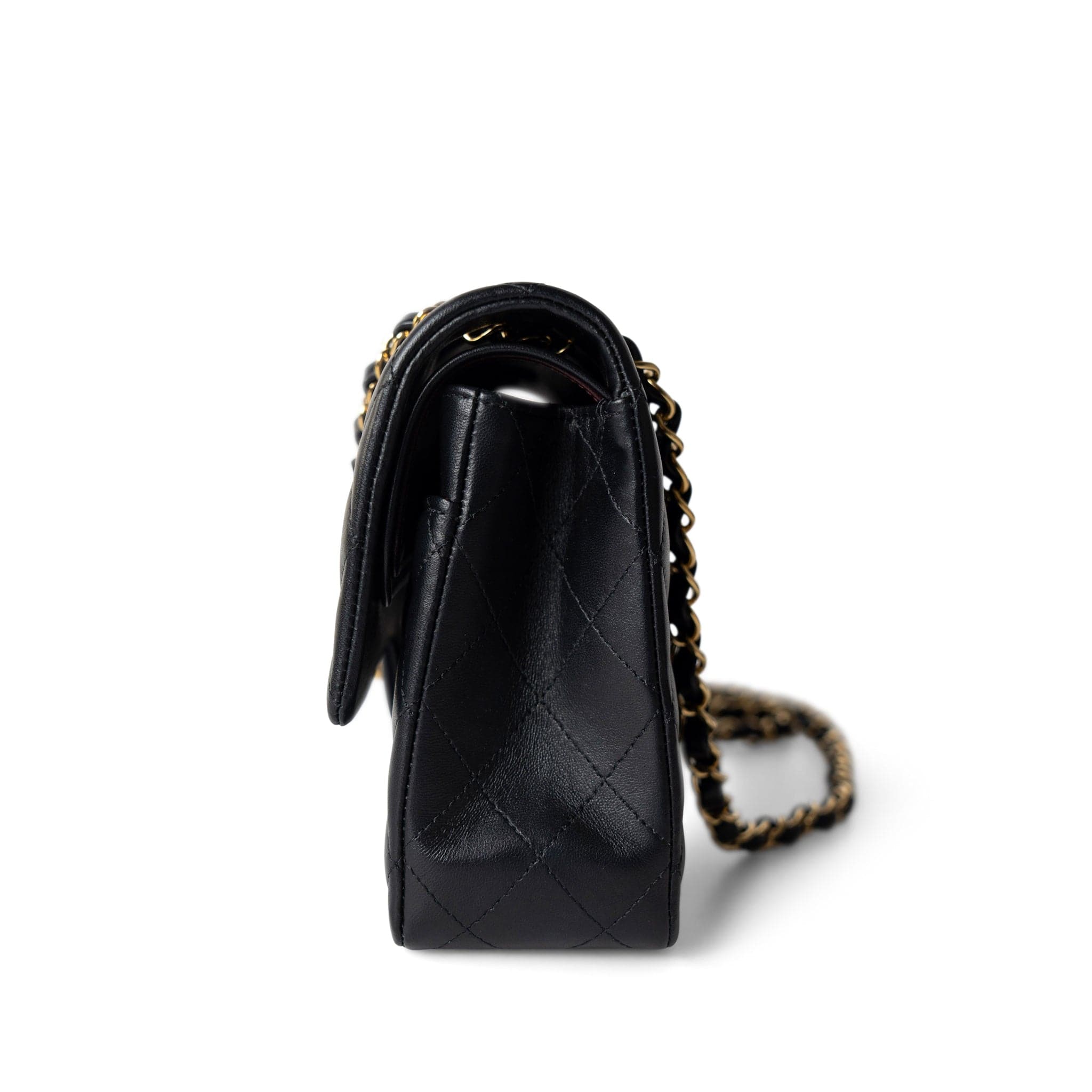 CHANEL Handbag Black Black Lambskin Quilted Classic Flap Medium Gold Hardware - Redeluxe