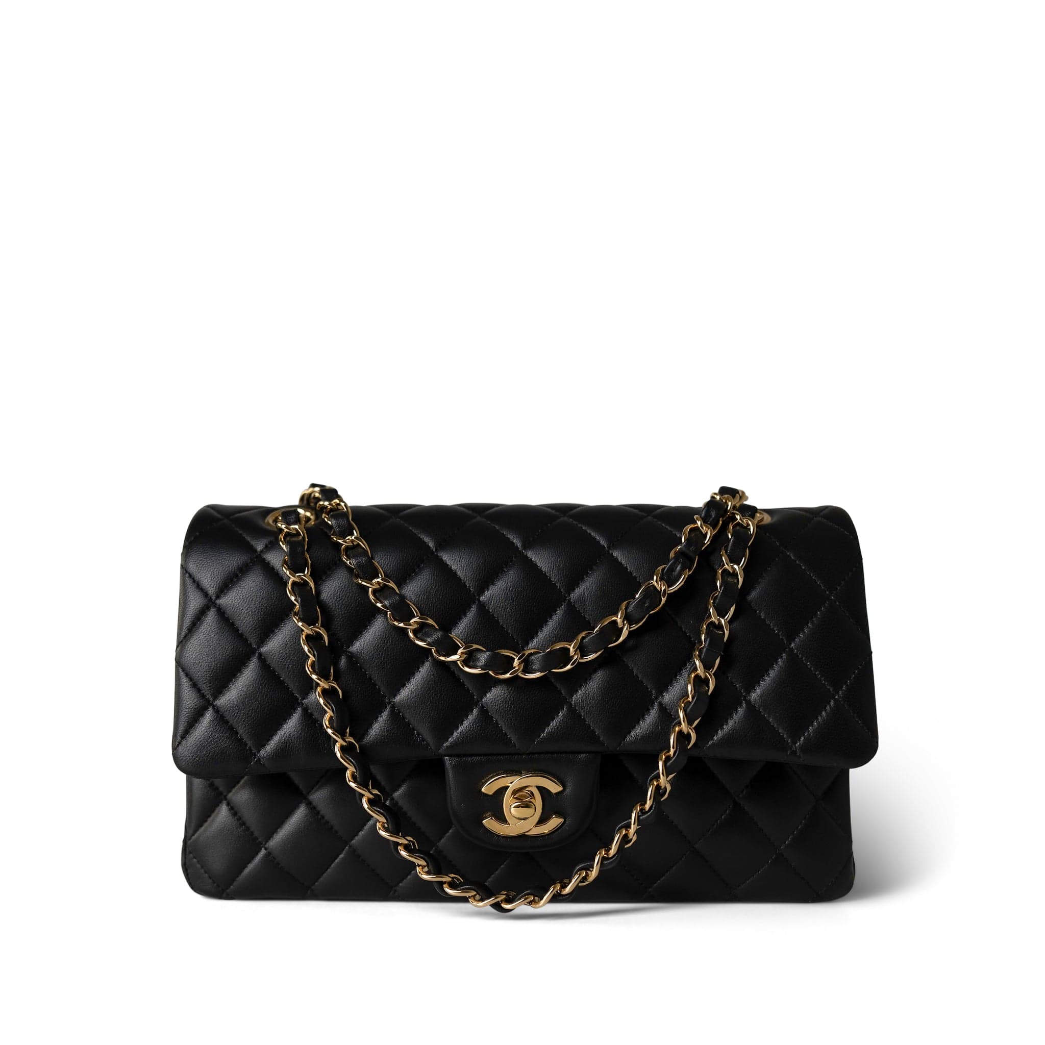 CHANEL Handbag Black Black Lambskin Quilted Classic Flap Medium Gold Hardware - Redeluxe
