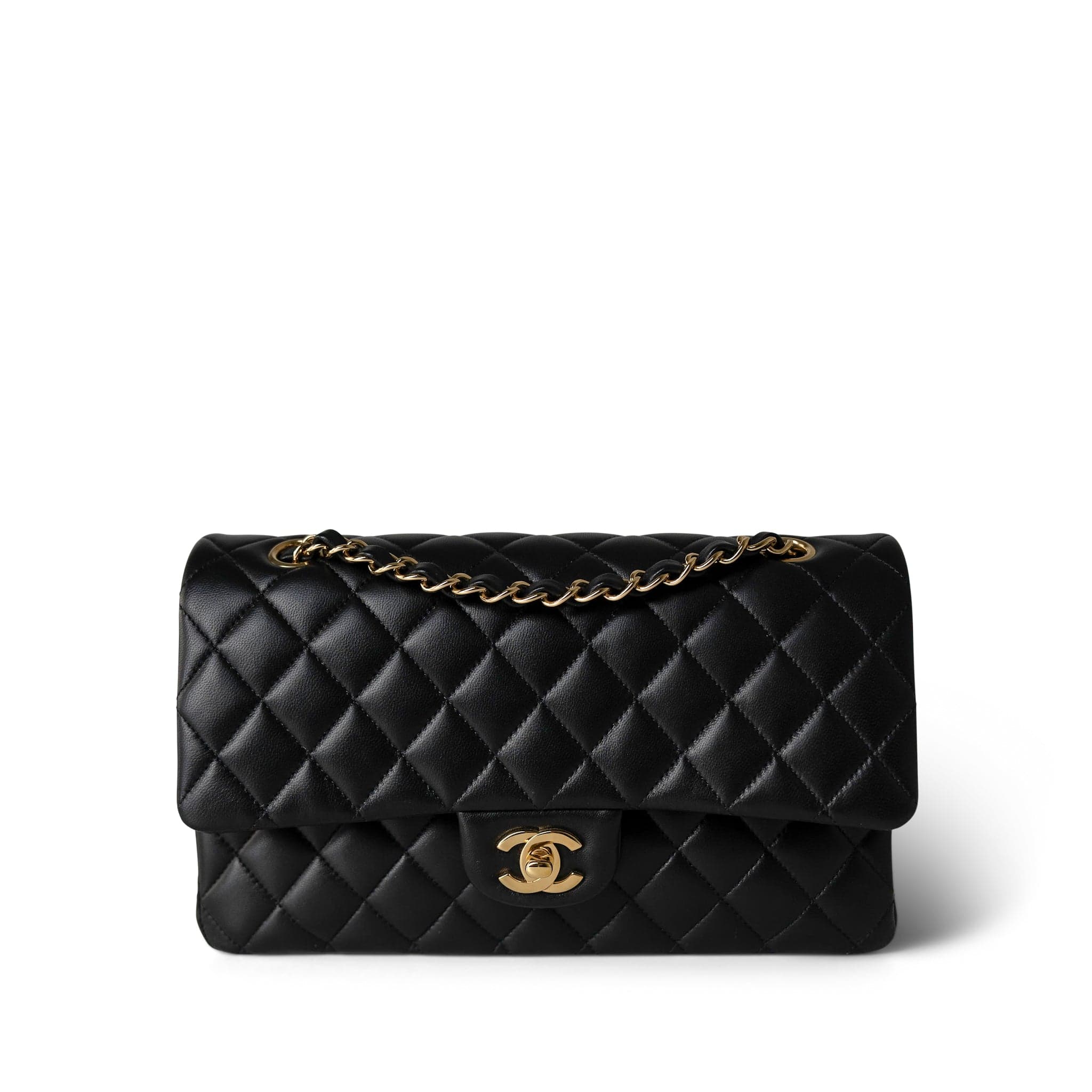 CHANEL Handbag Black Black Lambskin Quilted Classic Flap Medium Gold Hardware - Redeluxe