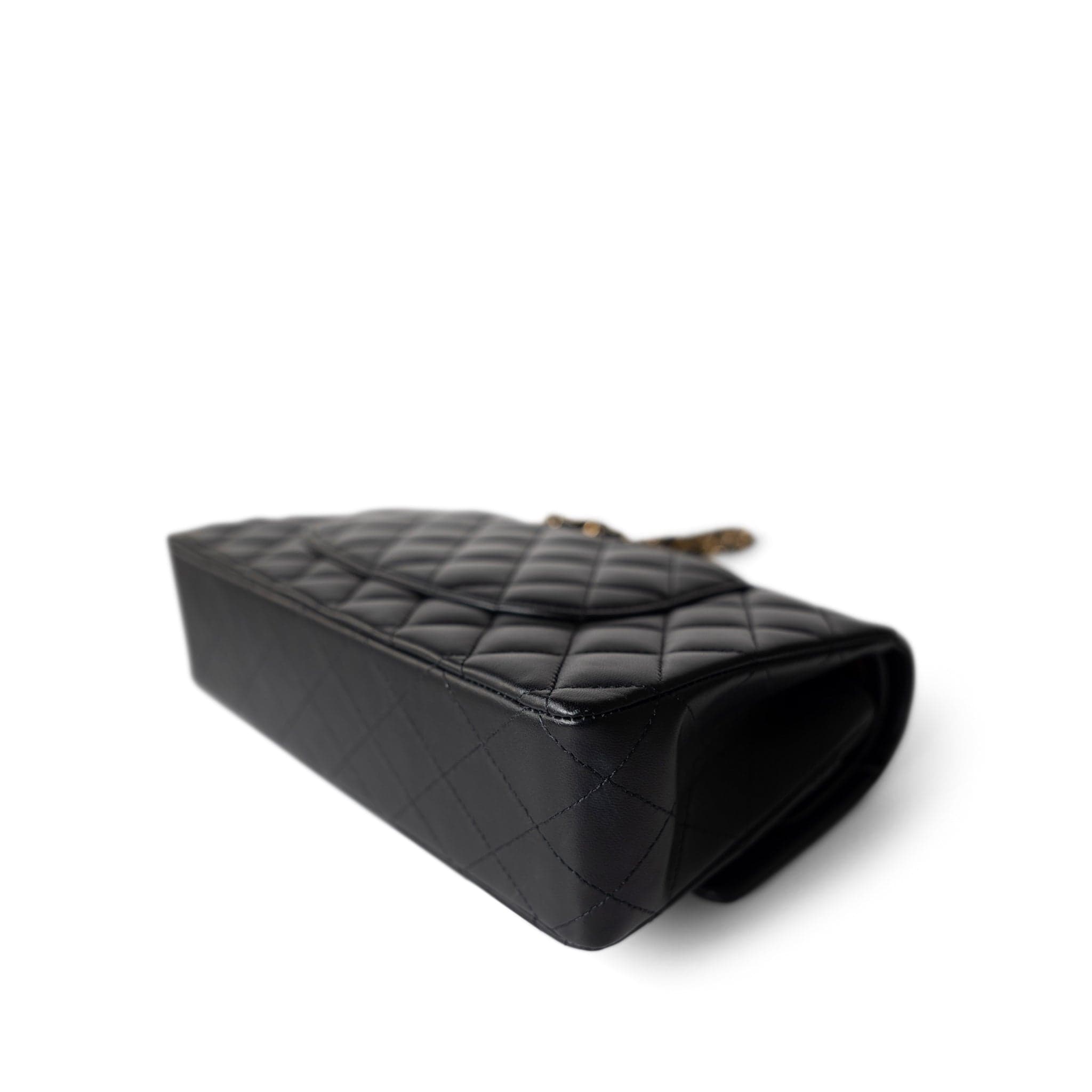CHANEL Handbag Black Black Lambskin Quilted Classic Flap Medium Gold Hardware - Redeluxe
