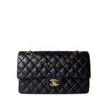 CHANEL Handbag Black Black Lambskin Quilted Classic Flap Medium Gold Hardware - Redeluxe