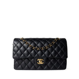 CHANEL Handbag Black Black Lambskin Quilted Classic Flap Medium Gold Hardware - Redeluxe