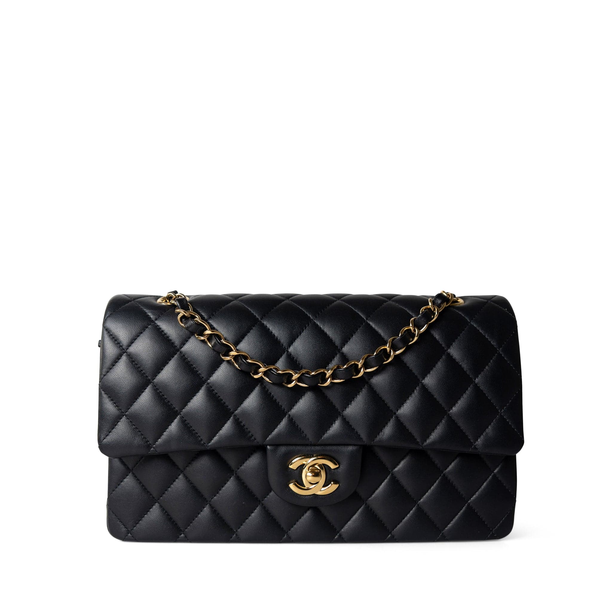 CHANEL Handbag Black Black Lambskin Quilted Classic Flap Medium Gold Hardware - Redeluxe