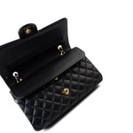 CHANEL Handbag Black Black Lambskin Quilted Classic Flap Medium Light Gold Hardware - Redeluxe
