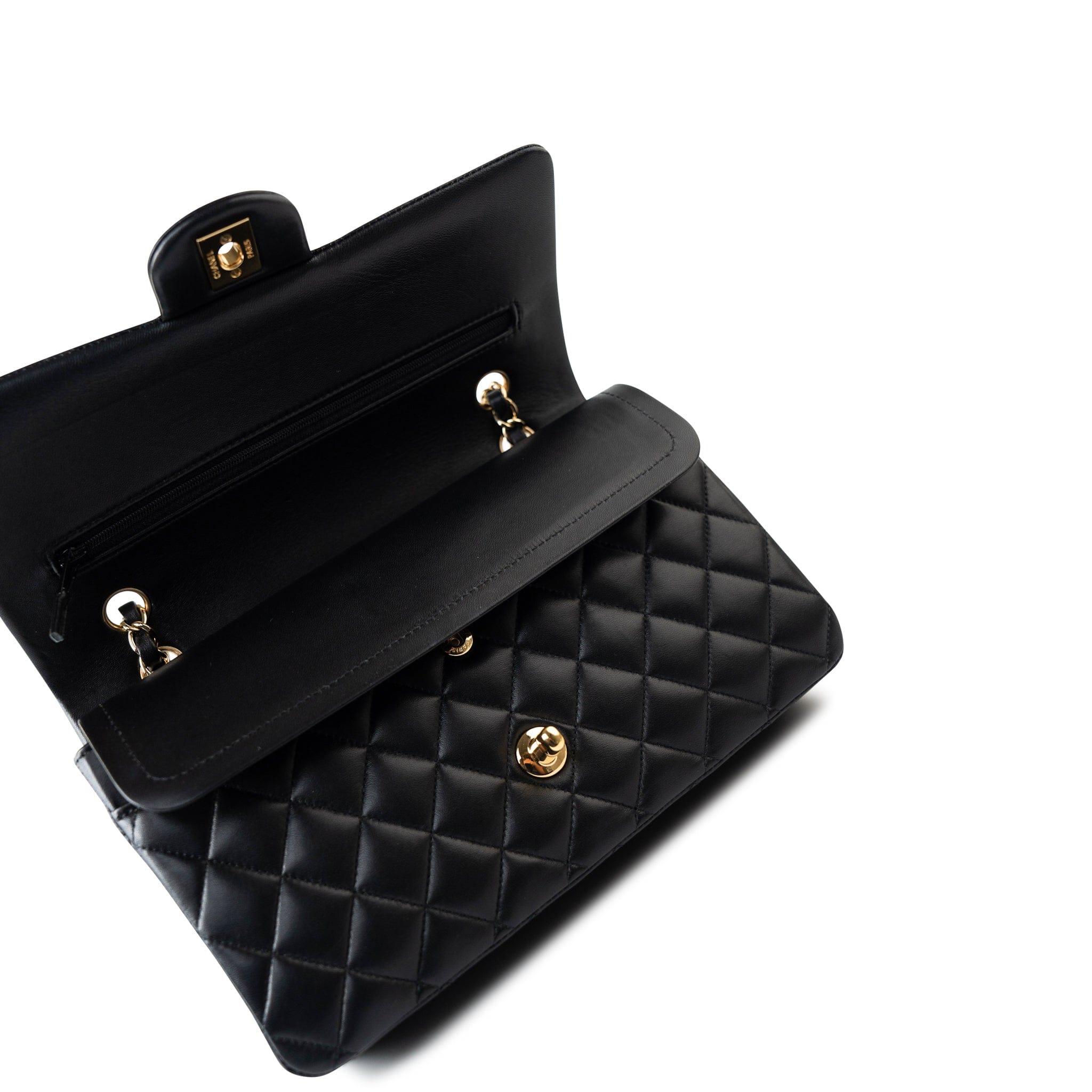 CHANEL Handbag Black Black Lambskin Quilted Classic Flap Medium Light Gold Hardware - Redeluxe