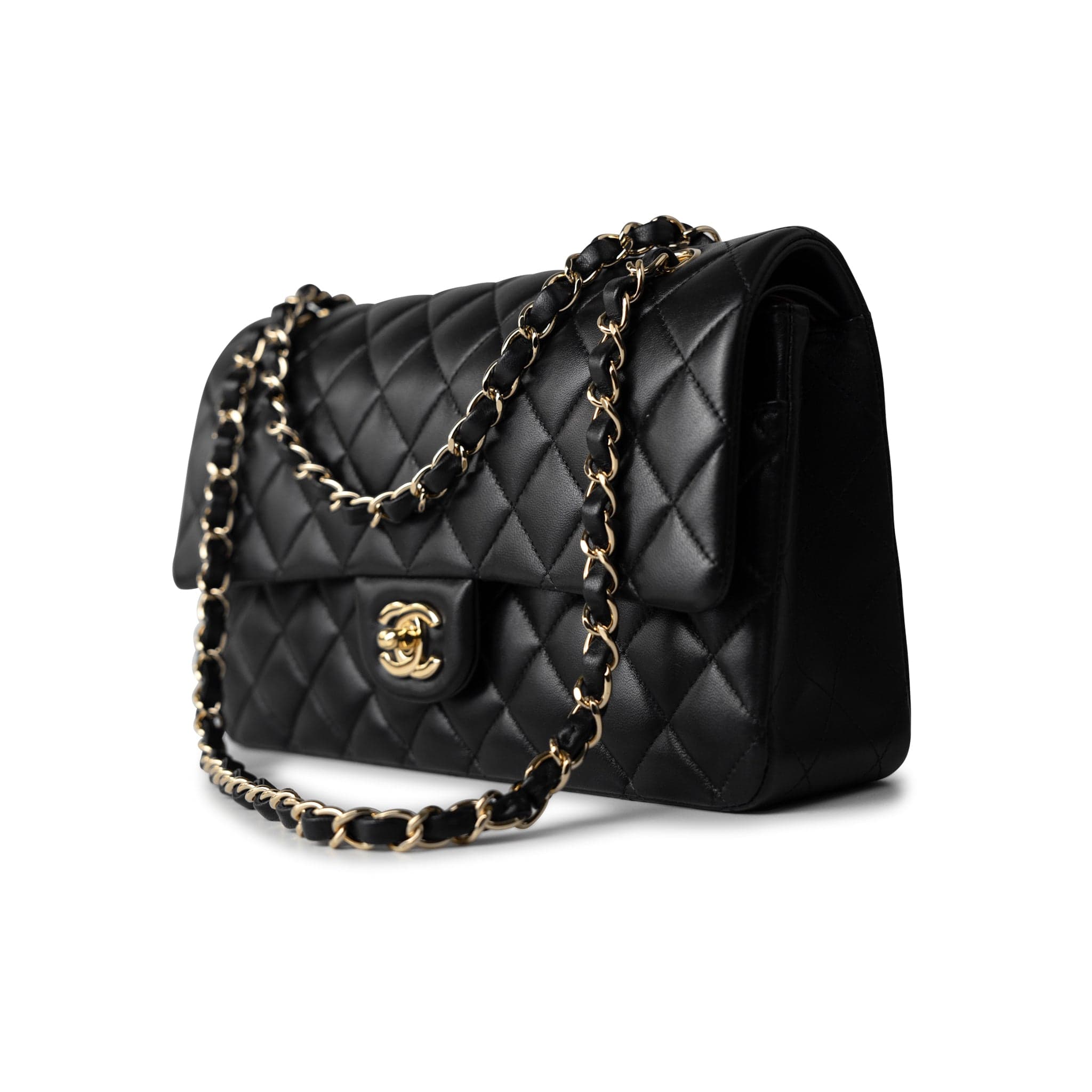 CHANEL Handbag Black Black Lambskin Quilted Classic Flap Medium Light Gold Hardware - Redeluxe