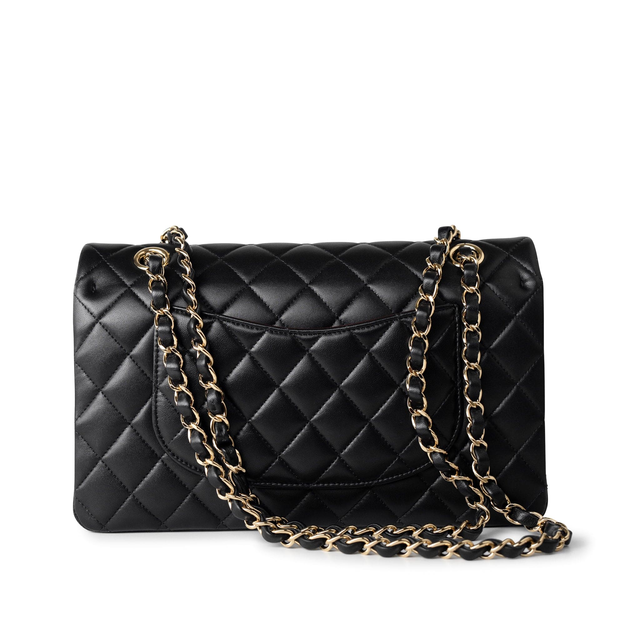 CHANEL Handbag Black Black Lambskin Quilted Classic Flap Medium Light Gold Hardware - Redeluxe
