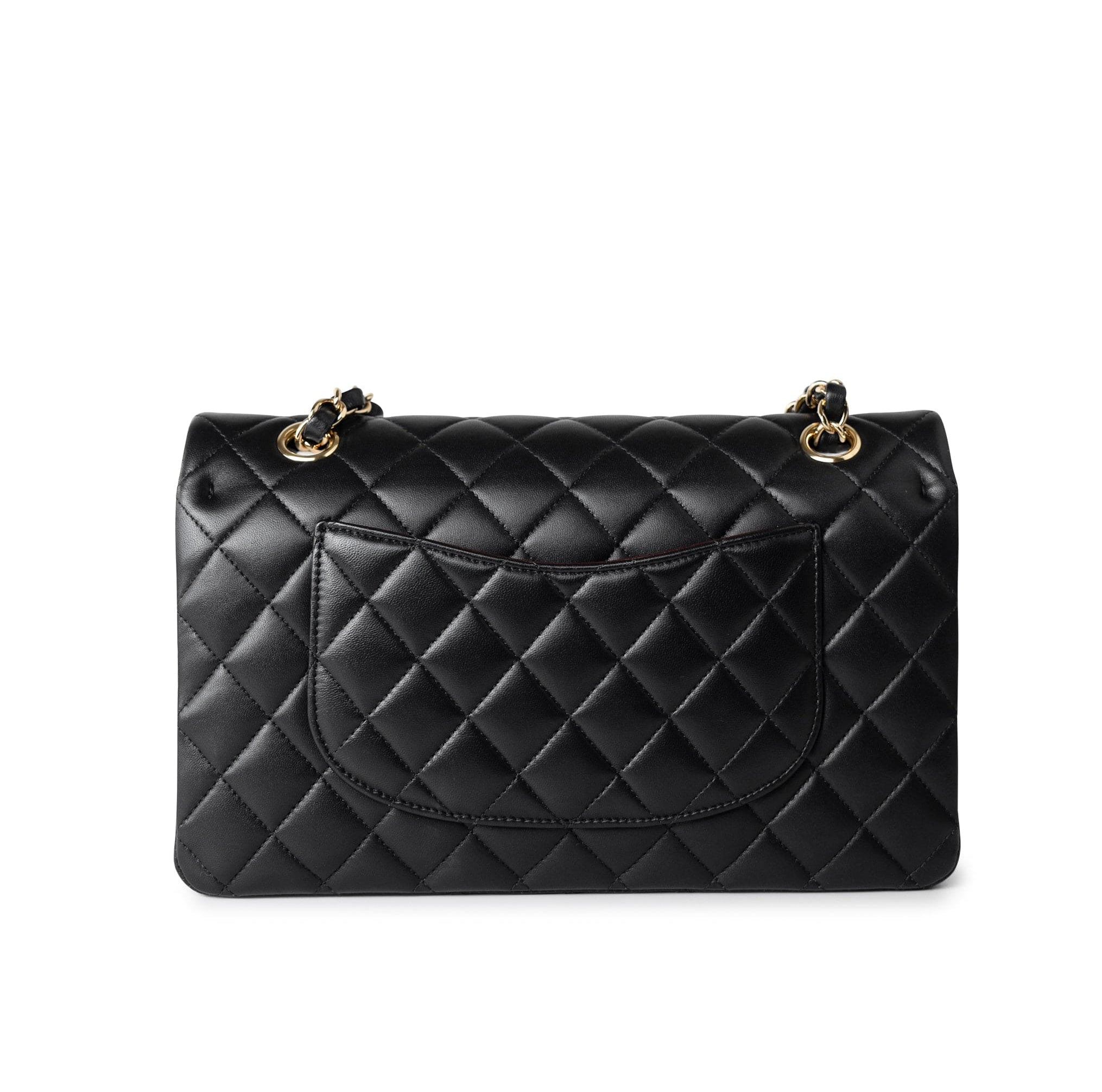 CHANEL Handbag Black Black Lambskin Quilted Classic Flap Medium Light Gold Hardware - Redeluxe