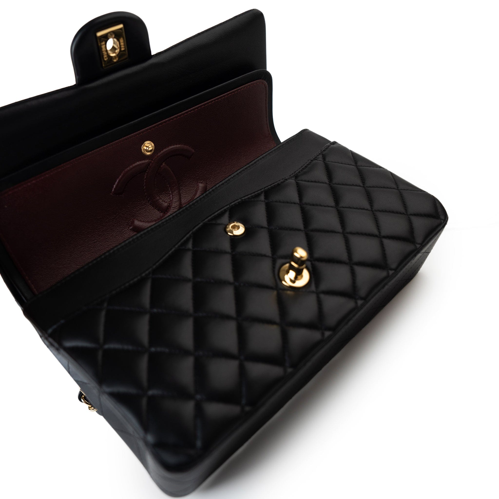 CHANEL Handbag Black Black Lambskin Quilted Classic Flap Medium Light Gold Hardware - Redeluxe
