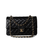 CHANEL Handbag Black Black Lambskin Quilted Classic Flap Medium Light Gold Hardware - Redeluxe